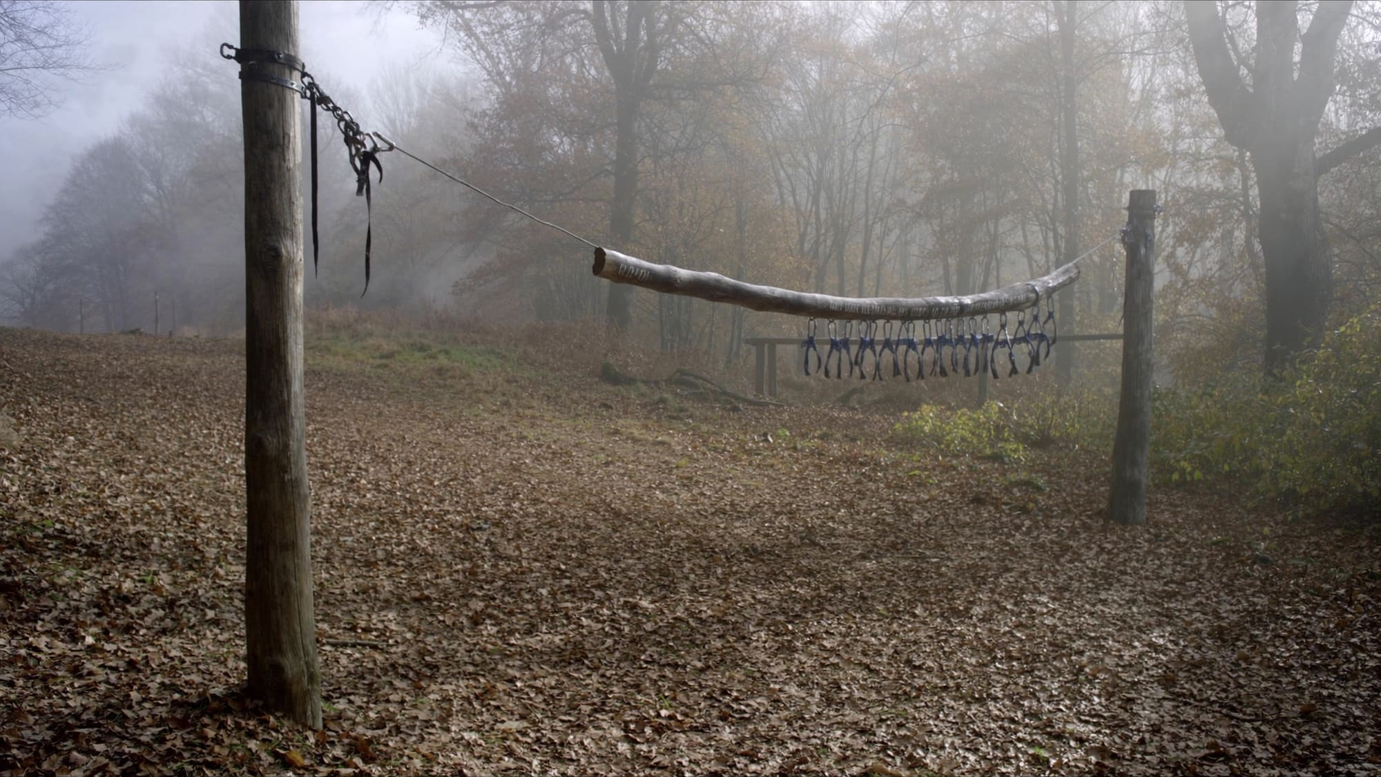 Übungsparcours in einem Meter Höhe am Waldrand, Gurte über der Stange bereitgelegt.